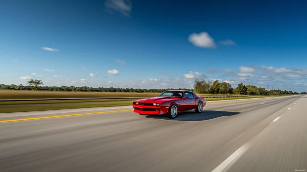 A red Camaro speeding down an empty highway.