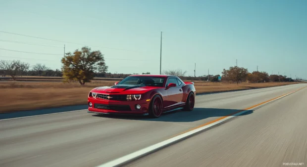 A red Camaro speeding down an empty highway.