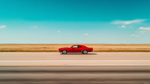 A red Camaro speeding down an empty highway, with the wind flowing through the open windows and a clear blue sky in the background.