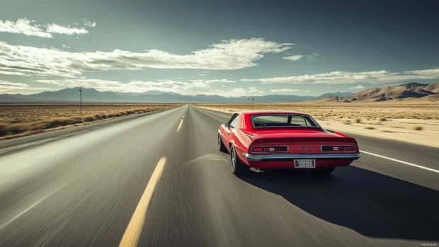 A red Camaro speeding down an empty highway, with the wind flowing through the open windows and a clear blue sky in the background.