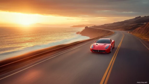 A red Ferrari sports car speeding along a coastal road at sunset, with the ocean waves crashing beside it.