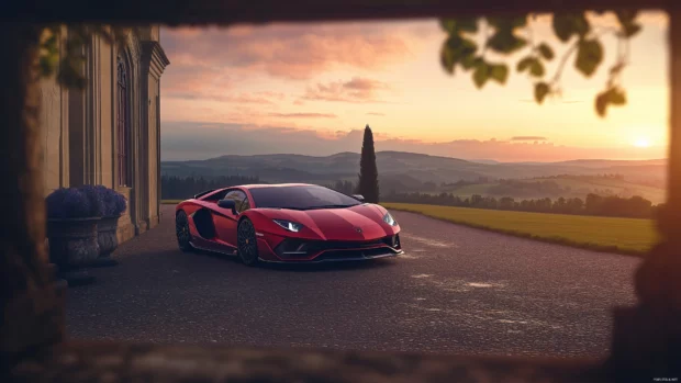 A red Lamborghini Aventador parked in a luxurious mansion driveway with an elegant sunset backdrop.