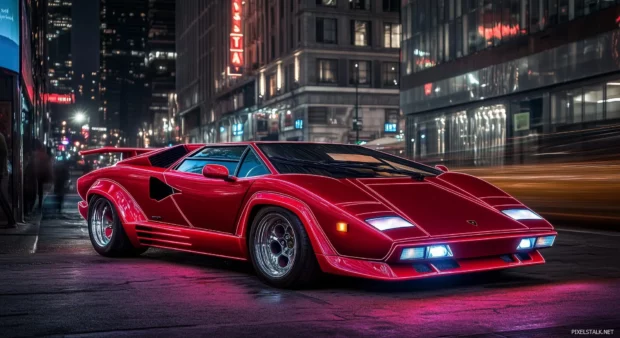 A red Lamborghini Countach illuminated by neon lights in an urban setting at night.