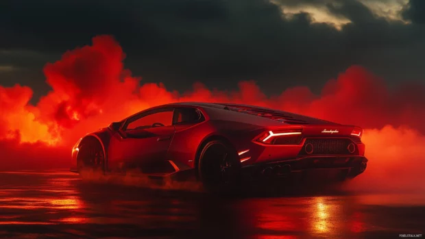 A red Lamborghini Huracán engulfed in swirling smoke and glowing red fire.