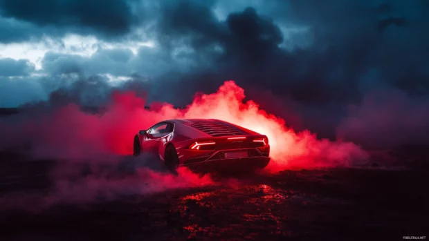 A red Lamborghini Huracán engulfed in swirling smoke and glowing red fire, illuminated by a moody twilight backdrop.