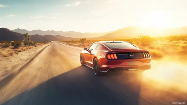 A red Mustang GT speeding down an empty desert highway at sunset.