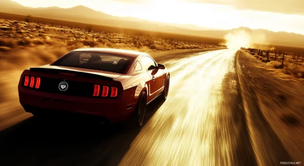 A red Mustang GT speeding down an empty desert highway at sunset.