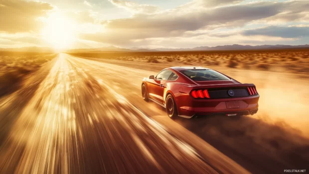 A red Mustang GT speeding down an empty desert highway at sunset, with golden sunlight reflecting off the cars glossy paint and dust kicking up in the rearview.