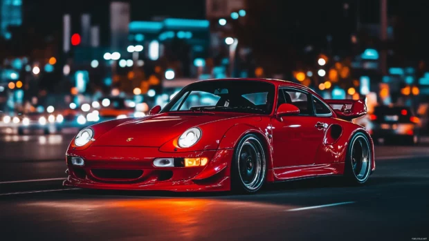 A red Porsche 911 Turbo driving through the streets of a bustling city at night.