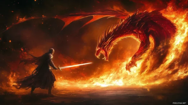 A red dragon engaged in a fierce battle with a knight, flames erupting around them.