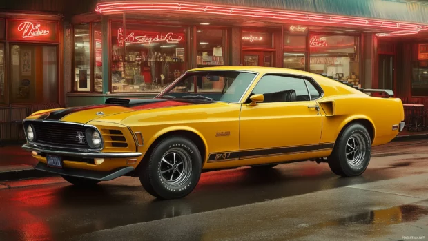 A retro 1970s Ford Mustang in bright yellow, parked in a vintage diner parking lot with neon signs reflecting off its glossy paint.