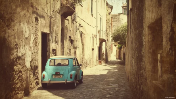 A retro Fiat 500 driving through a narrow cobblestone street.