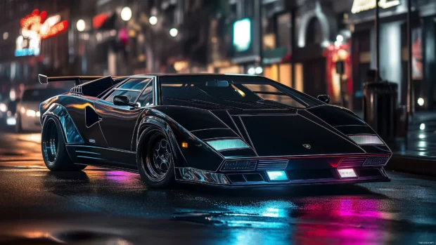 A retro Lamborghini Countach in matte black, illuminated by colorful neon lights in an urban night setting.