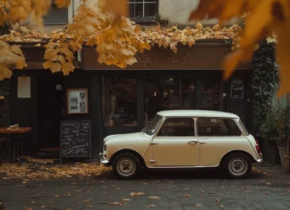 A retro Mini Cooper parked in front of a quaint European café.