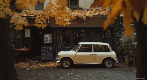 A retro Mini Cooper parked in front of a quaint European café.