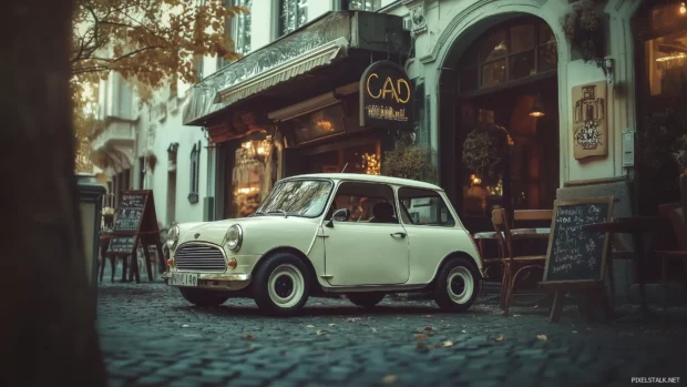 A retro Mini Cooper parked in front of a quaint European café, captured with a Polaroid frame and subtle light leaks.