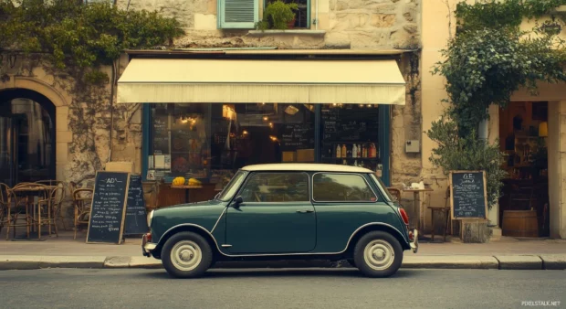 A retro Mini Cooper parked in front of a quaint European café, captured with a Polaroid frame and subtle light leaks.