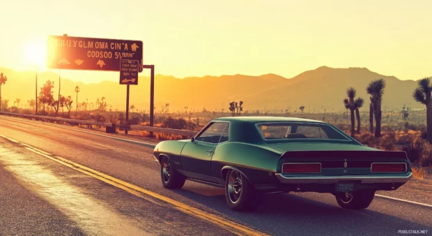 A retro car cruising along a desert highway, the landscape dotted with old fashioned roadside signs.