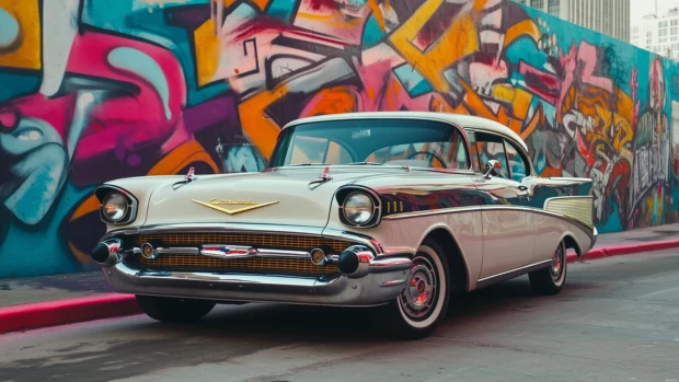 A retro car parked in front of a vibrant graffiti wall, the colorful patterns creating a striking contrast with the car’s shiny finish.