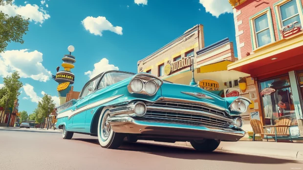 A retro car parked in front of an old drive in movie theater.