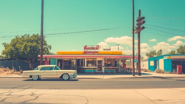 A retro car parked in front of an old drive in movie theater, with the screen showing a classic film and the night sky filled with stars.