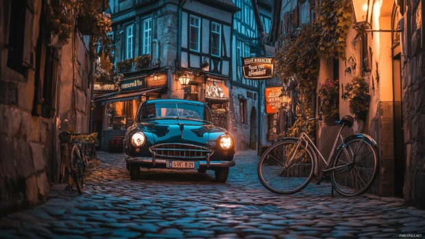 A retro car parked on a cobblestone street in an old European town.