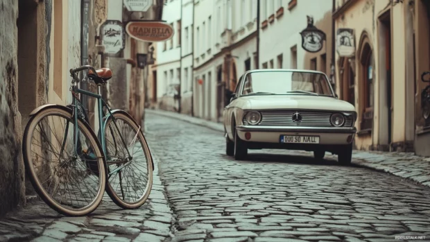 A retro car parked on a cobblestone street in an old European town, with retro advertisements on the storefronts and a classic bicycle leaning against a lamp post.