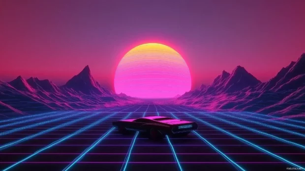 A retro futurism wallpaper featuring a vintage car racing through a neon grid with a glowing pink and blue skyline.