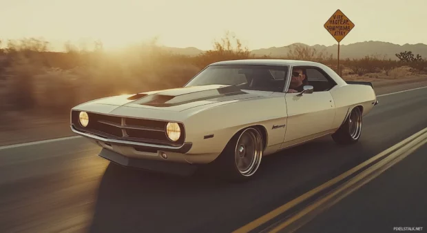 A retro muscle car cruising along a desert highway.