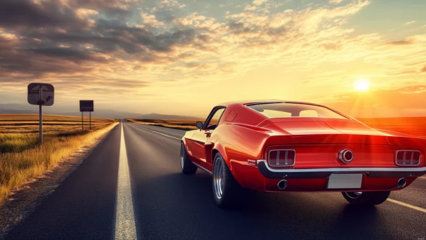 A retro muscle car cruising along a desert highway, the landscape dotted with old fashioned roadside signs, with a fading golden hour sun in the background.