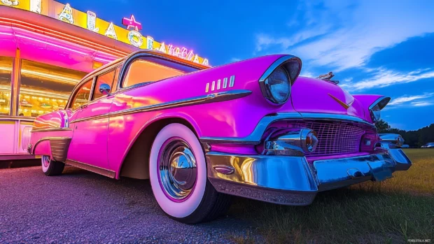 A retro sedan parked next to an old jukebox diner, with vibrant neon lights casting a soft glow and a nostalgic evening sky in the background.