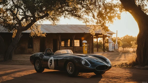 A retro sports car parked in front of a rustic barn.