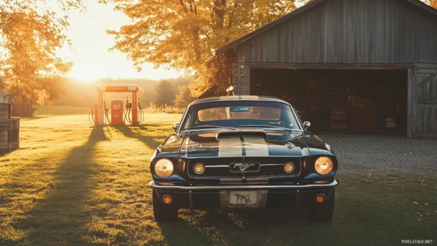 A retro sports car parked in front of a rustic barn, with a golden sunset casting long shadows and a retro gas station in the distance.