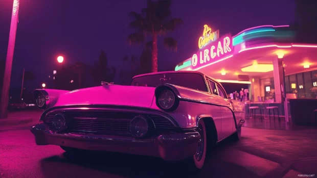 A retro style car parked by a diner with neon signs glowing in the background .