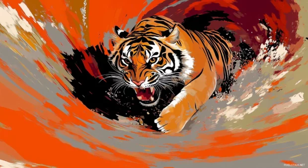 A roaring tiger emerging from a swirl of colorful paint splashes, dynamic brushstroke effects in shades of orange, red, and black, intense eyes locked forward.