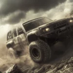 A rugged 3D off road vehicle climbing a rocky mountain path, with dust clouds trailing behind under dramatic storm clouds.