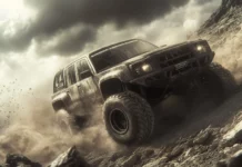 A rugged 3D off road vehicle climbing a rocky mountain path, with dust clouds trailing behind under dramatic storm clouds.