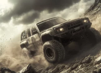 A rugged 3D off road vehicle climbing a rocky mountain path, with dust clouds trailing behind under dramatic storm clouds.