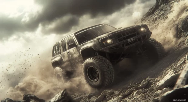 A rugged 3D off road vehicle climbing a rocky mountain path, with dust clouds trailing behind under dramatic storm clouds.