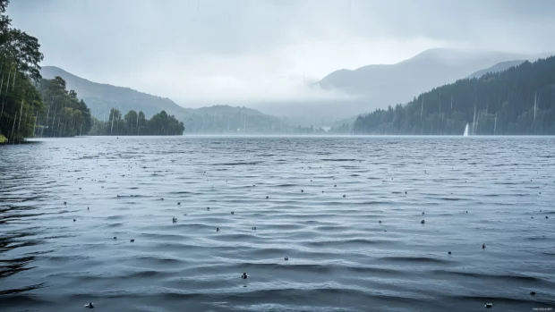 A scenic view of a mountain lake during a rainstorm.