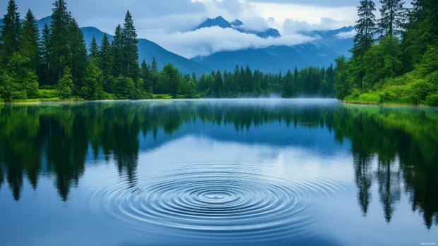 A scenic view of a mountain lake during a rainstorm with gentle ripples forming on the water surface, misty clouds drifting over distant peaks.