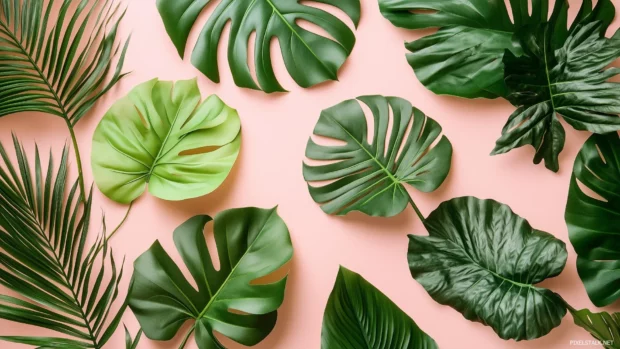 A seamless pattern of banana leaves, monstera, and palm fronds in lush green tones.