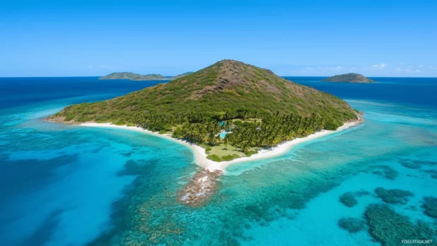 A secluded tropical island computer wallpaper with crystal clear turquoise waters surrounding lush green palm trees, white sandy beaches, and a clear blue sky in the background.