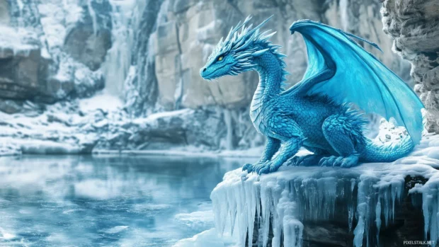 A serene blue Dragon perched on the edge of a cliff overlooking a frozen lake.