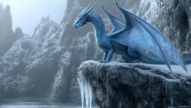 A serene blue Dragon perched on the edge of a cliff overlooking a frozen lake, its scales glowing softly in the icy landscape.