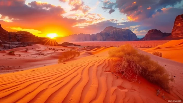 A serene desert landscape bakground with cool orange sand dunes under a twilight sky.