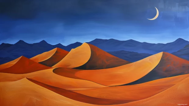 A serene desert landscape with cool orange sand dunes under a twilight sky.