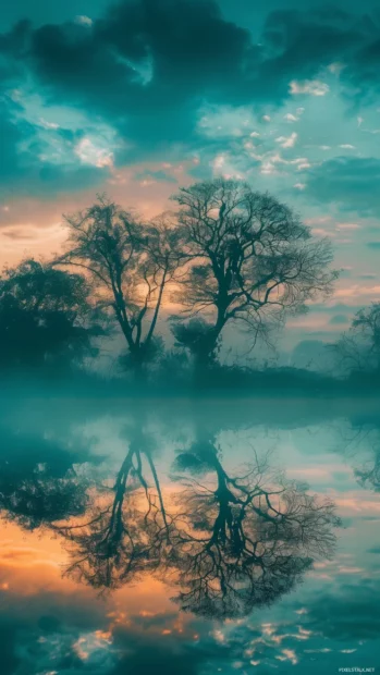 A serene lake at dawn with cool reflections of the sky and surrounding trees.