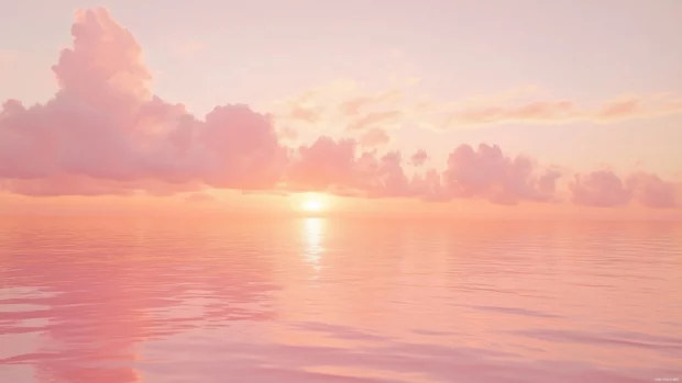 A serene landscape of soft, fluffy clouds drifting over a calm ocean at sunrise, with pink and orange hues reflecting on the water.