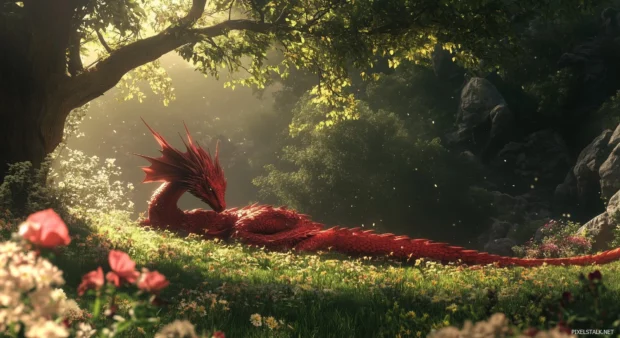 A serene red dragon resting in a lush green valley, with flowers blooming around it.